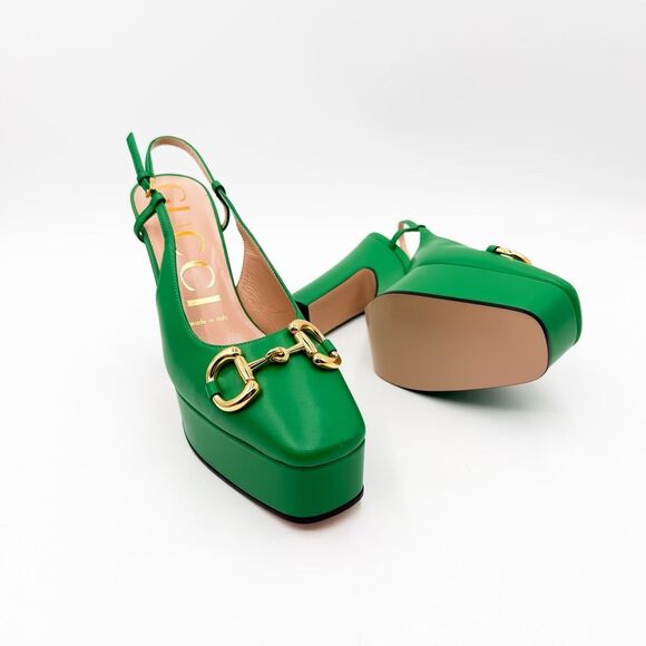 Gucci Horsebit Baby120 Platform Pumps EU 37 US 7 Green Leather Slingback - Picture 4 of 11